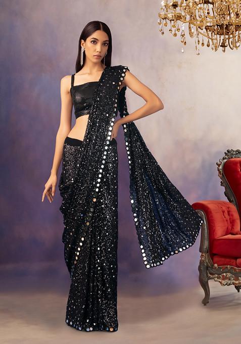 Black Mirror And Sequin Embroidered Saree With Blouse