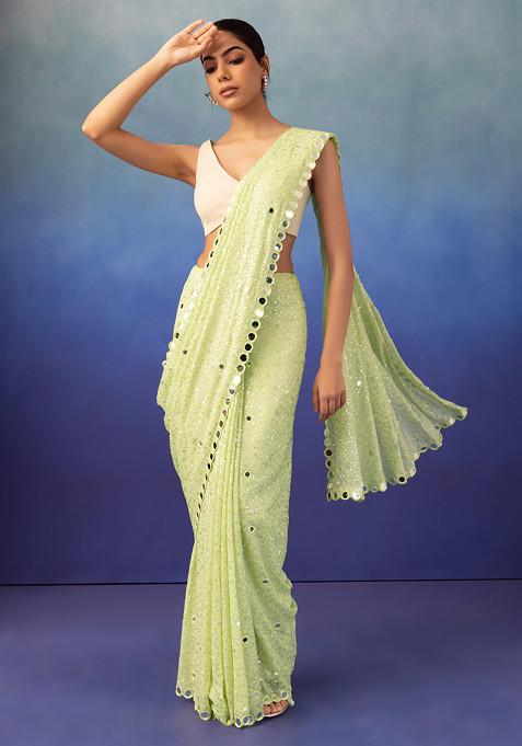 Pastel Green Mirror And Sequin Embroidered Saree With Blouse