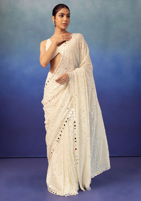 Buy Women Ivory Mirror And Sequin Embroidered Saree With Blouse ...