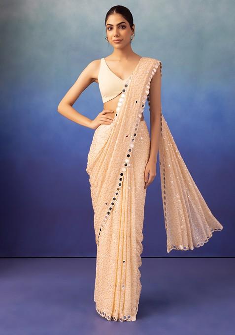 Peach Mirror And Sequin Embroidered Saree With Blouse