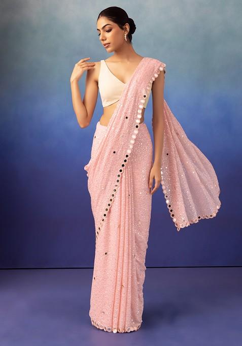 Light Pink Mirror And Sequin Embroidered Saree With Blouse
