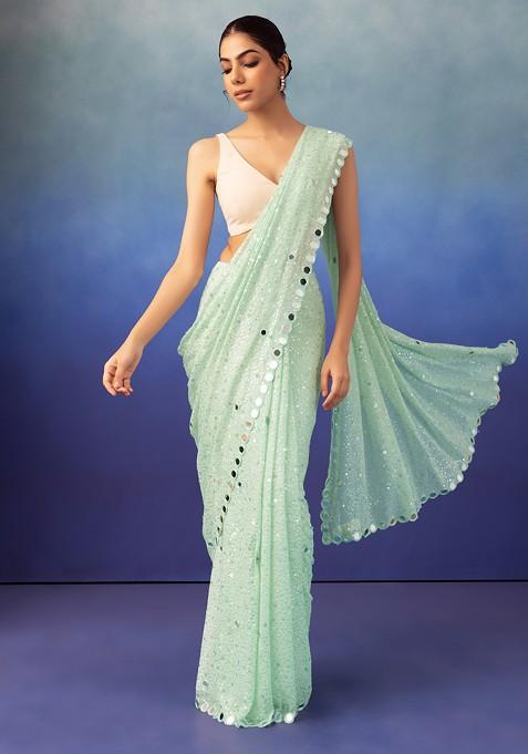 Seafoam Mirror And Sequin Embroidered Saree With Blouse
