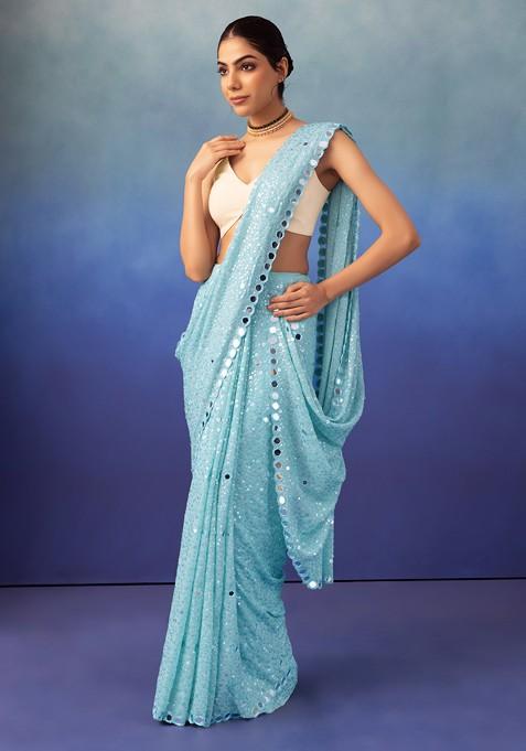 Aqua Blue Mirror And Sequin Embroidered Saree With Blouse