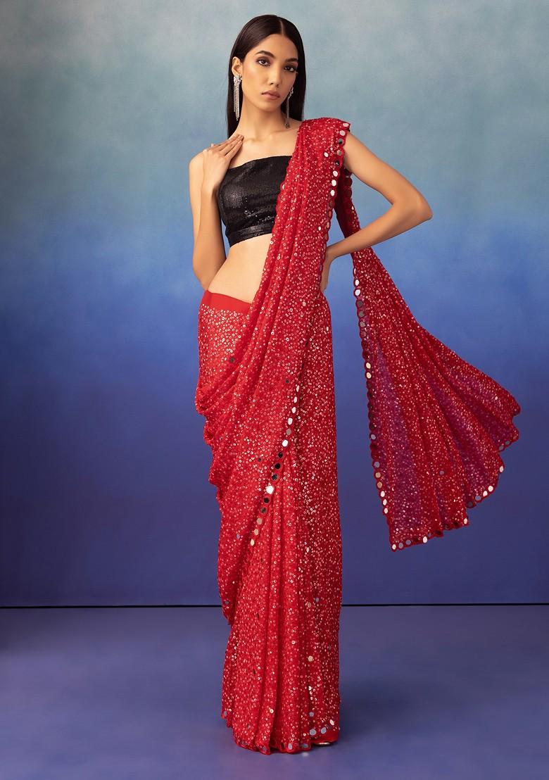 Red Dahlia Sequin Couture Hand Embroidered Saree – Talking Threads