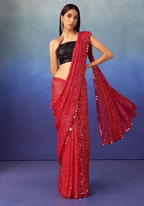 Red Mirror And Sequin Embroidered Saree With Blouse