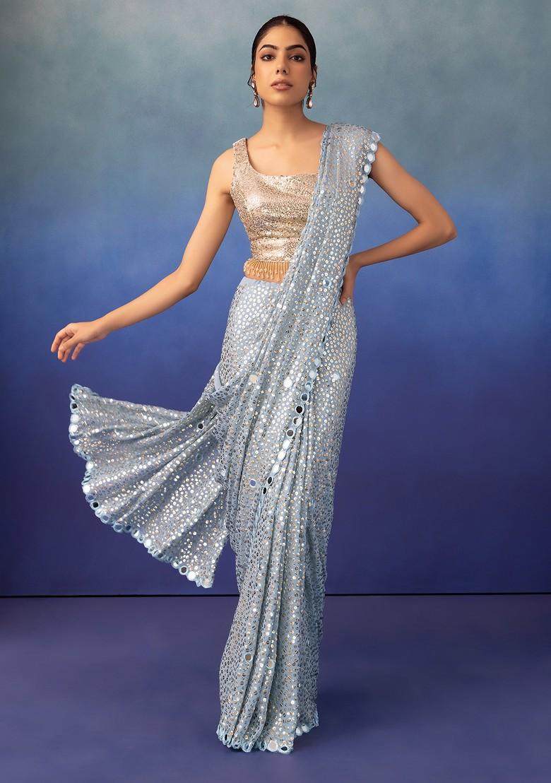 Dusty Blue Ombre Sequins Embroidered Saree – Lashkaraa