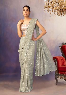 Reception Wear Teal Sequinned Work Satin Silk Crepe Ready Made Saree