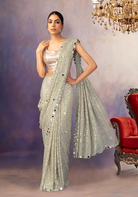 Seafoam Tonal Sequin And Mirror Embroidered Saree With Blouse