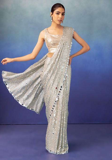 Light Grey Tonal Sequin And Mirror Embroidered Saree With Blouse