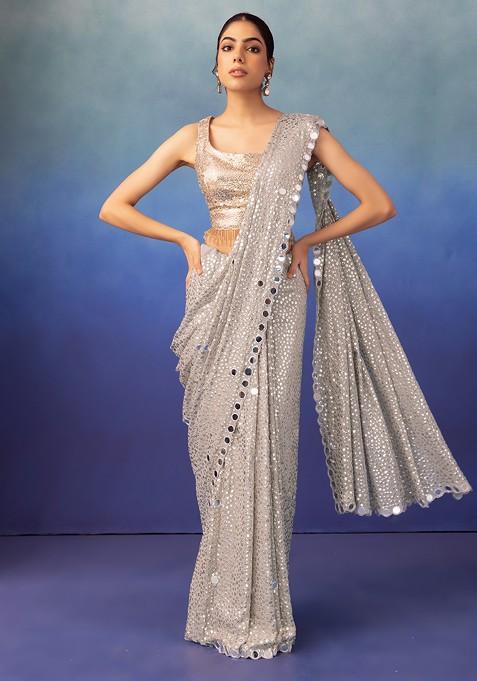 Lavender Tonal Sequin And Mirror Embroidered Saree With Blouse