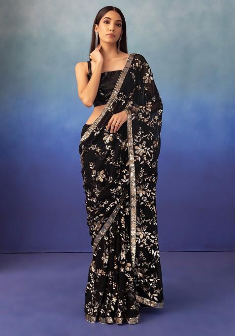 Black Floral Multicolour Sequin Embroidered Saree With Blouse