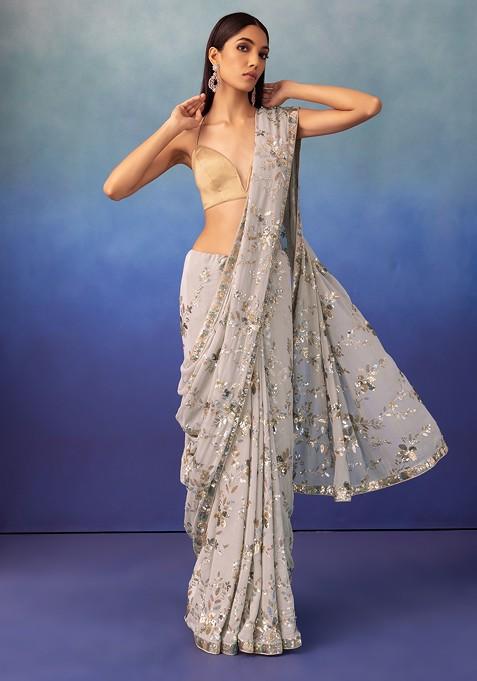 Grey Floral Multicolour Sequin Embroidered Saree With Blouse