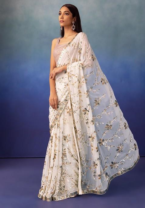 White Floral Multicolour Sequin Embroidered Saree With Blouse