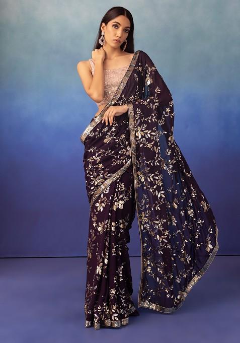 Dark Purple Floral Multicolour Sequin Embroidered Saree With Blouse