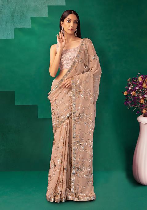 Peach Floral Multicolour Sequin Embroidered Saree With Blouse