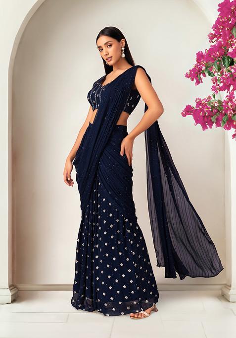 Navy Blue Sequin Pre-Stitched Saree Set With Blouse