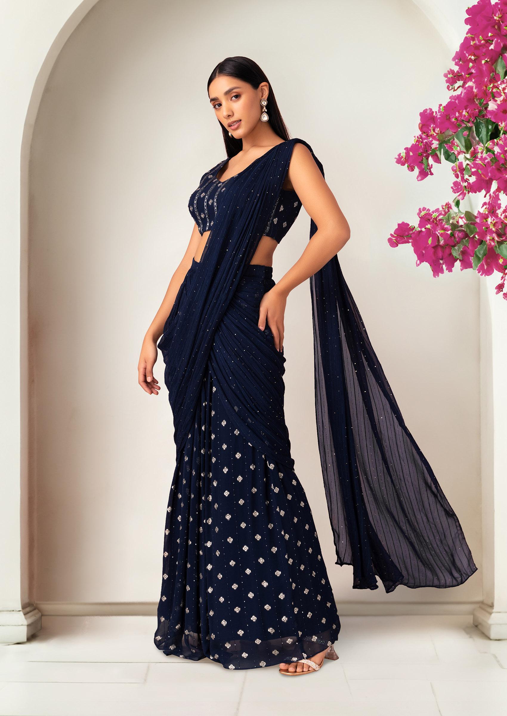 Embroidered Net Saree in Navy Blue : SCBA4856