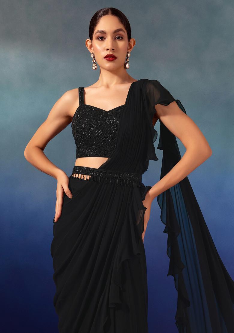 Black Chinon Pre-Stitched Saree Set With Embroidered Blouse And Belt - Indya