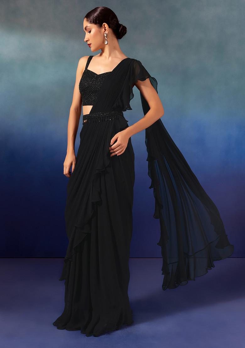 Black Chinon Pre-Stitched Saree Set With Embroidered Blouse And Belt - Indya