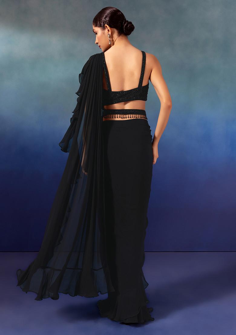 Black Chinon Pre-Stitched Saree Set With Embroidered Blouse And Belt - Indya