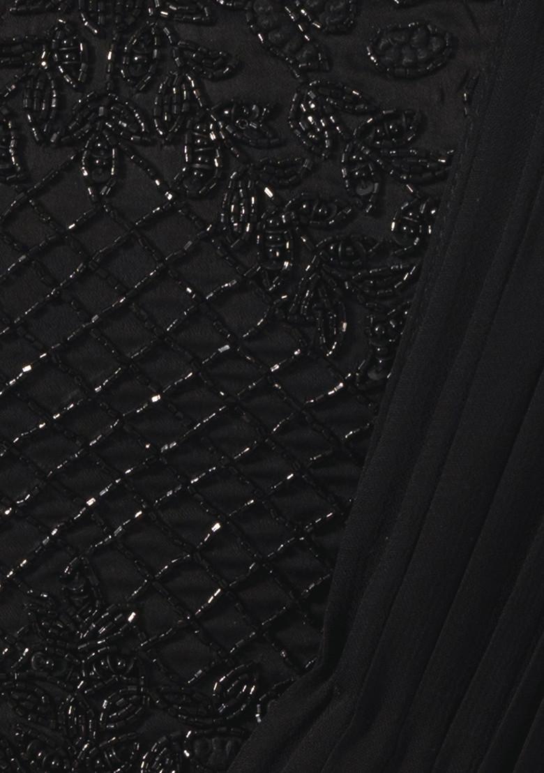 Black Chinon Pre-Stitched Saree Set With Embroidered Blouse And Belt - Indya