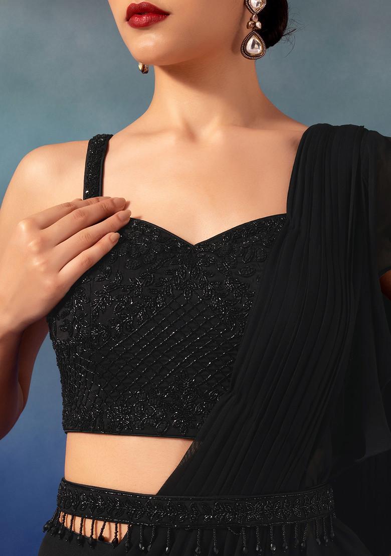 Black Chinon Pre-Stitched Saree Set With Embroidered Blouse And Belt - Indya