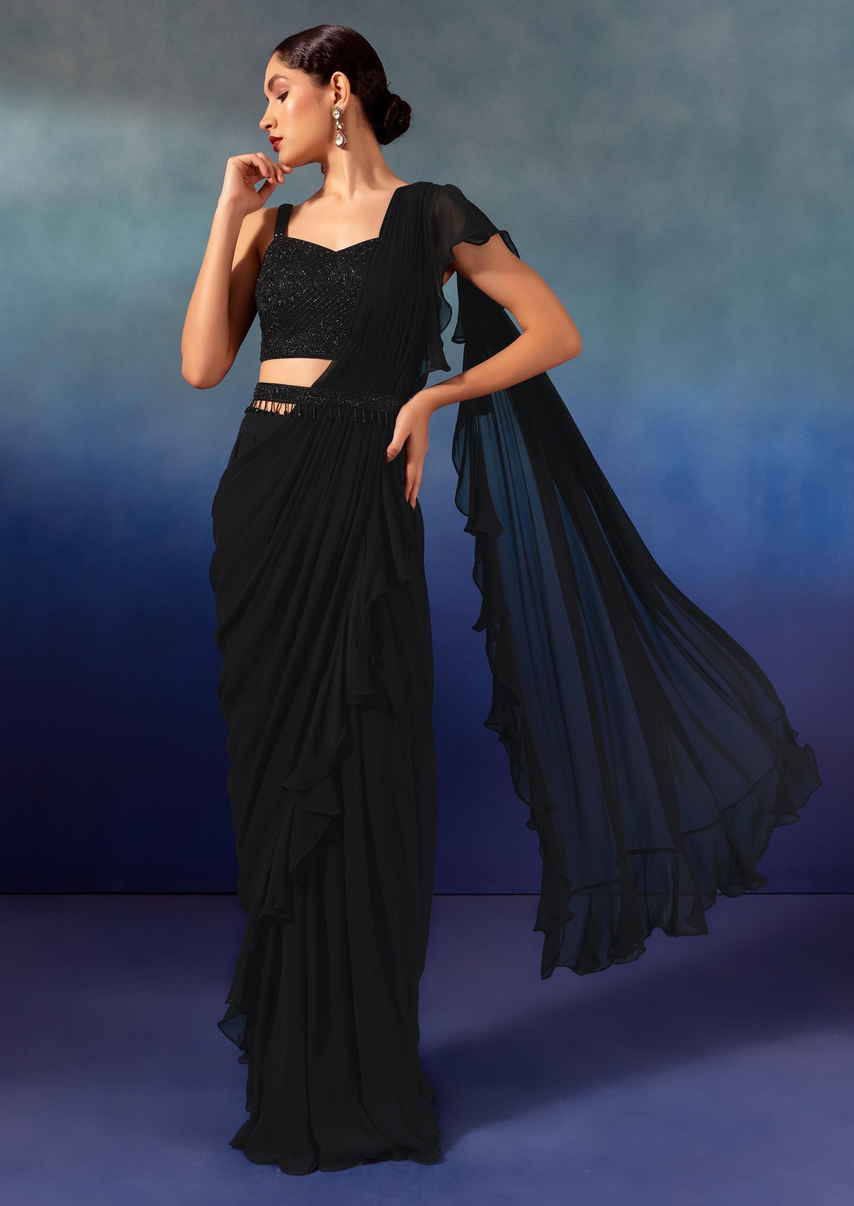 Black Chinon Pre-Stitched Saree Set With Embroidered Blouse And Belt - Indya