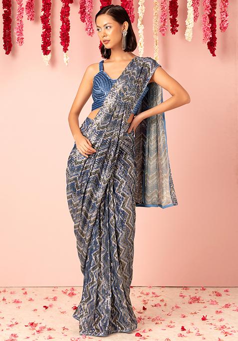 Blue Chevron Digital Print Pre-Stitched Saree Set With Sequin Embellished Blouse