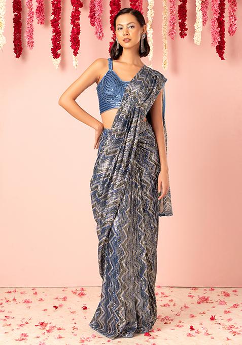 Pure Silk Blue Chevron Saree with Blouse Fabric