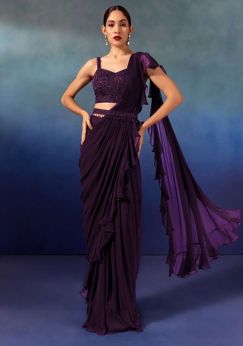 Purple Chinon Pre-Stitched Saree Set With Embroidered Blouse And Belt - Indya