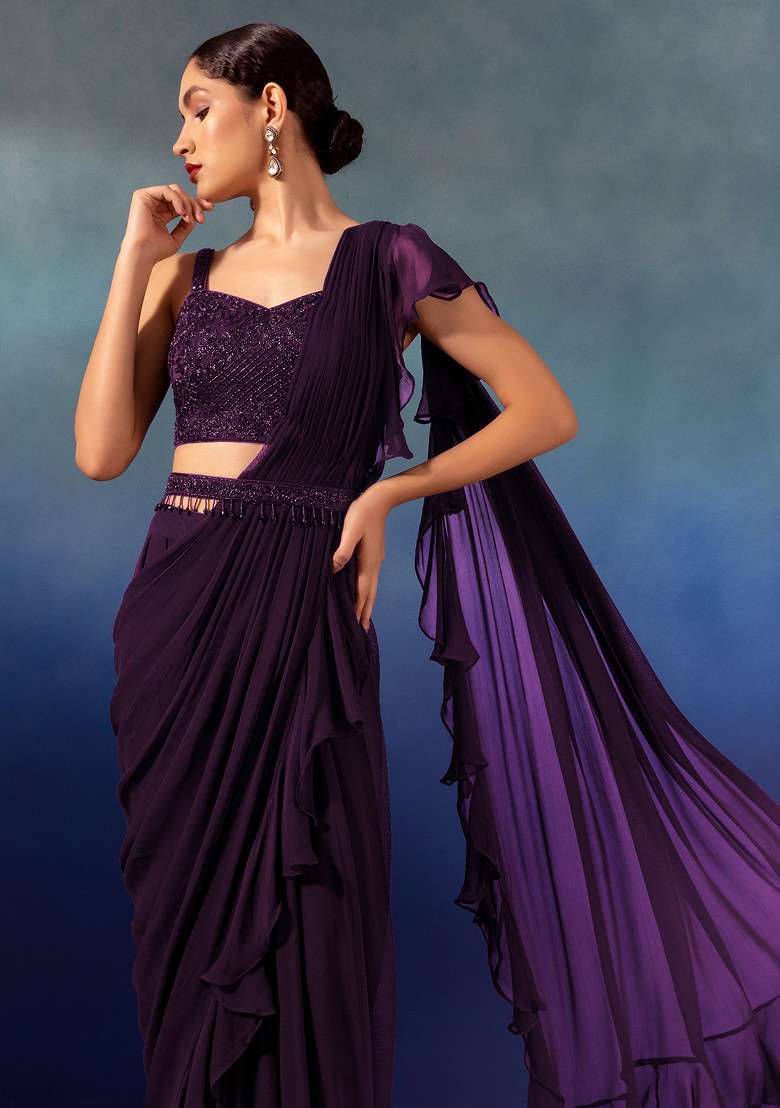 Purple Chinon Pre-Stitched Saree Set With Embroidered Blouse And Belt - Indya
