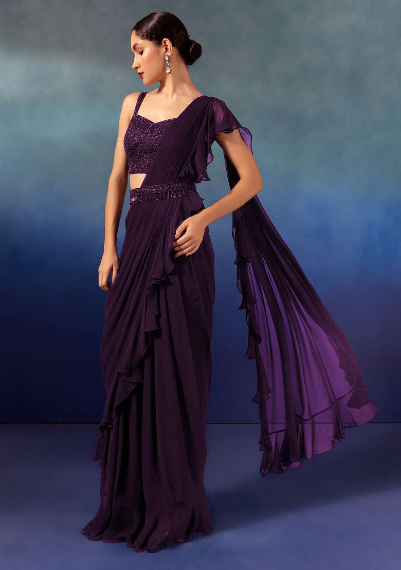 Purple Chinon Pre-Stitched Saree Set With Embroidered Blouse And Belt - Indya