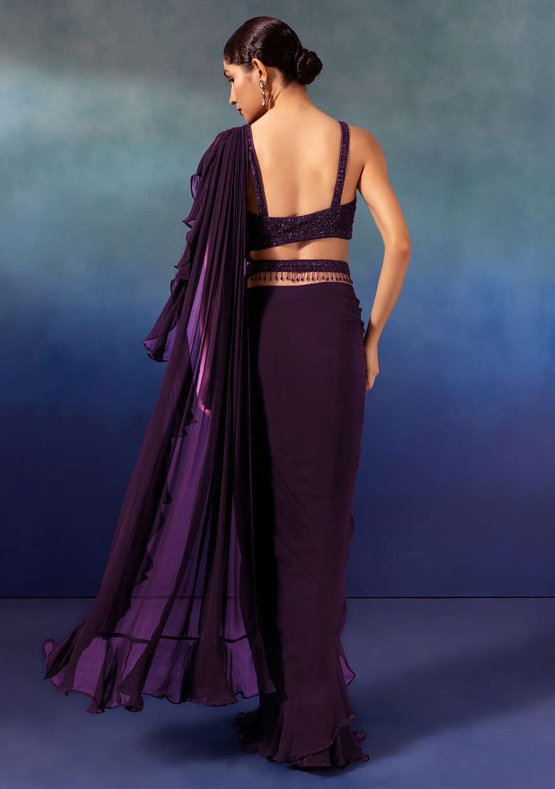 Purple Chinon Pre-Stitched Saree Set With Embroidered Blouse And Belt - Indya