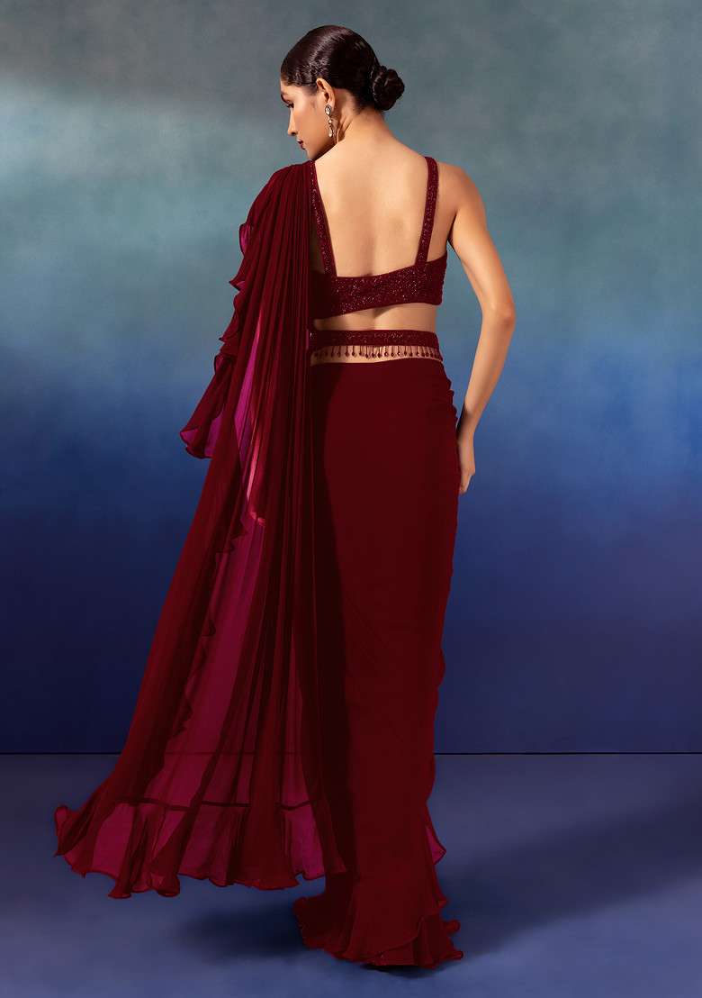Red Chinon Pre-Stitched Saree Set With Embroidered Blouse And Belt - Indya