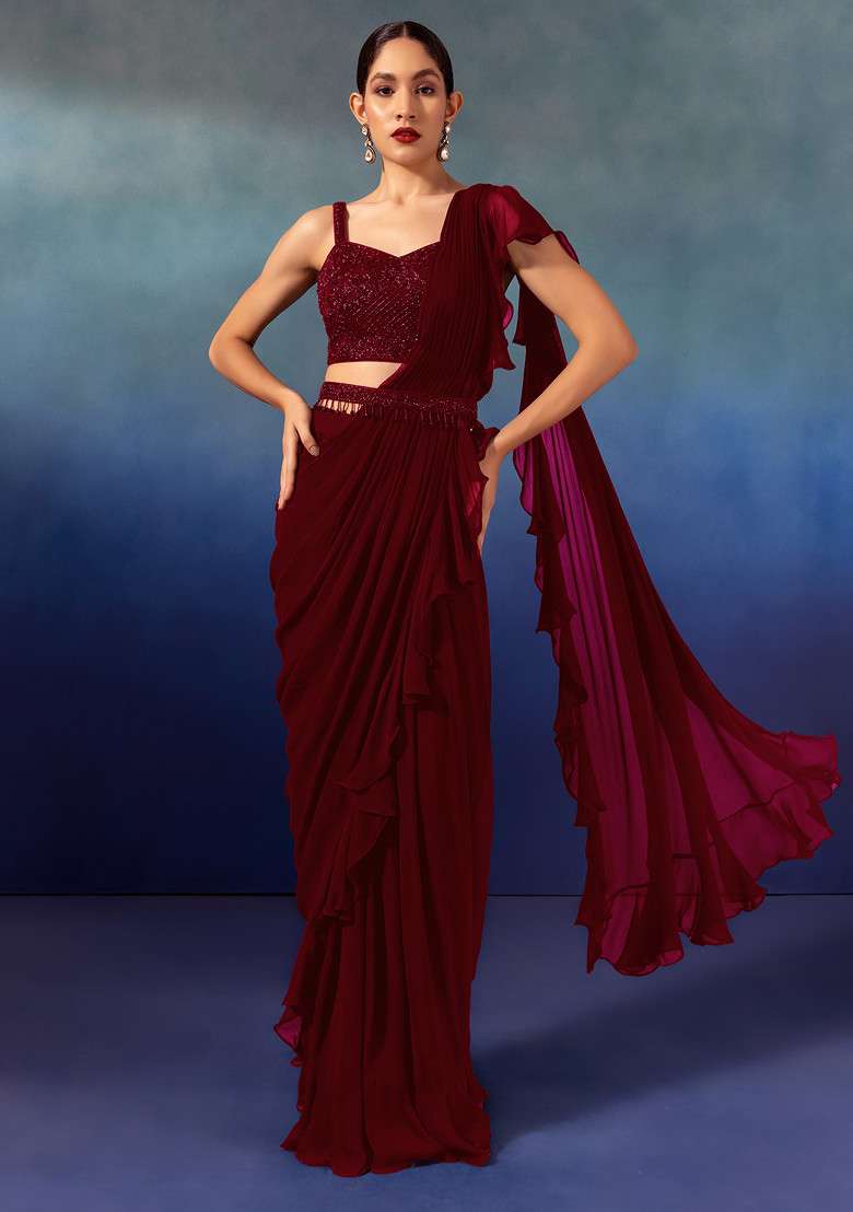 Red Chinon Pre-Stitched Saree Set With Embroidered Blouse And Belt - Indya