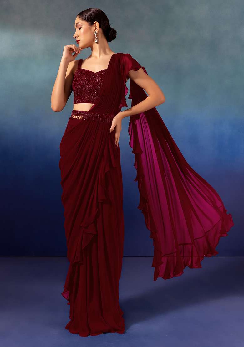 Red Chinon Pre-Stitched Saree Set With Embroidered Blouse And Belt - Indya