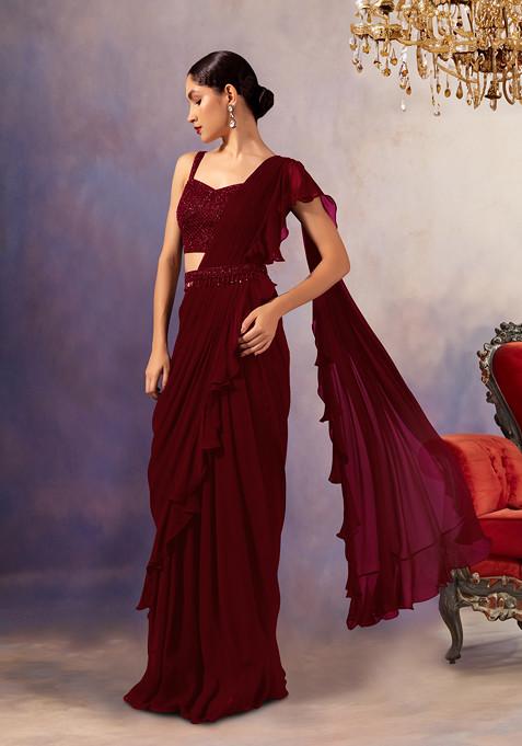 Red Chinon Pre-Stitched Saree Set With Embroidered Blouse And Belt