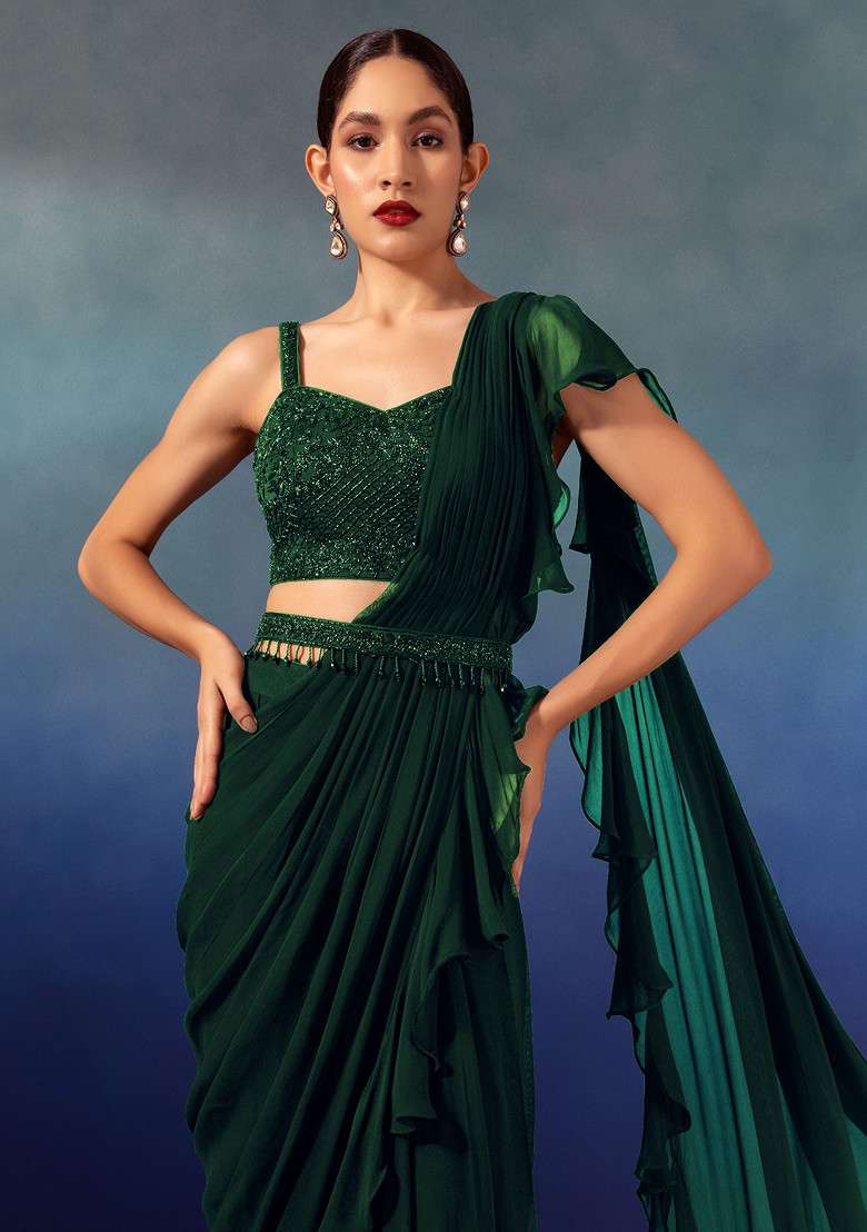 Deep Green Chinon Pre-Stitched Saree Set With Embroidered Blouse And Belt - Indya