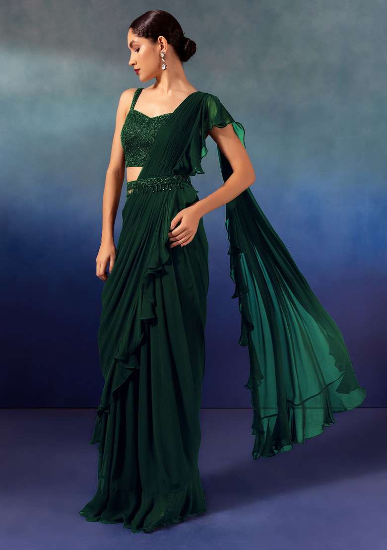 Deep Green Chinon Pre-Stitched Saree Set With Embroidered Blouse And Belt - Indya