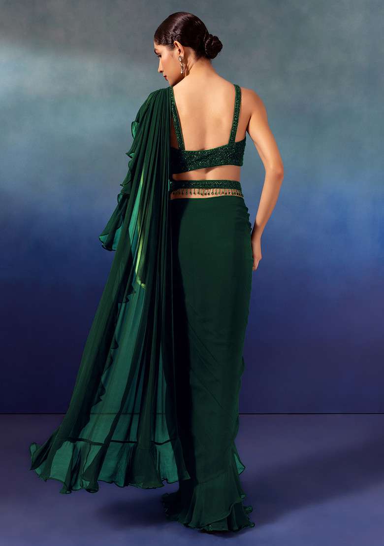Deep Green Chinon Pre-Stitched Saree Set With Embroidered Blouse And Belt - Indya
