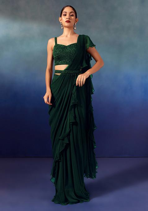 Deep Green Chinon Pre-Stitched Saree Set With Embroidered Blouse And Belt