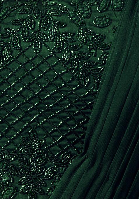 Green Embroidered Chinon Saree With Unstitched Blouse Piece