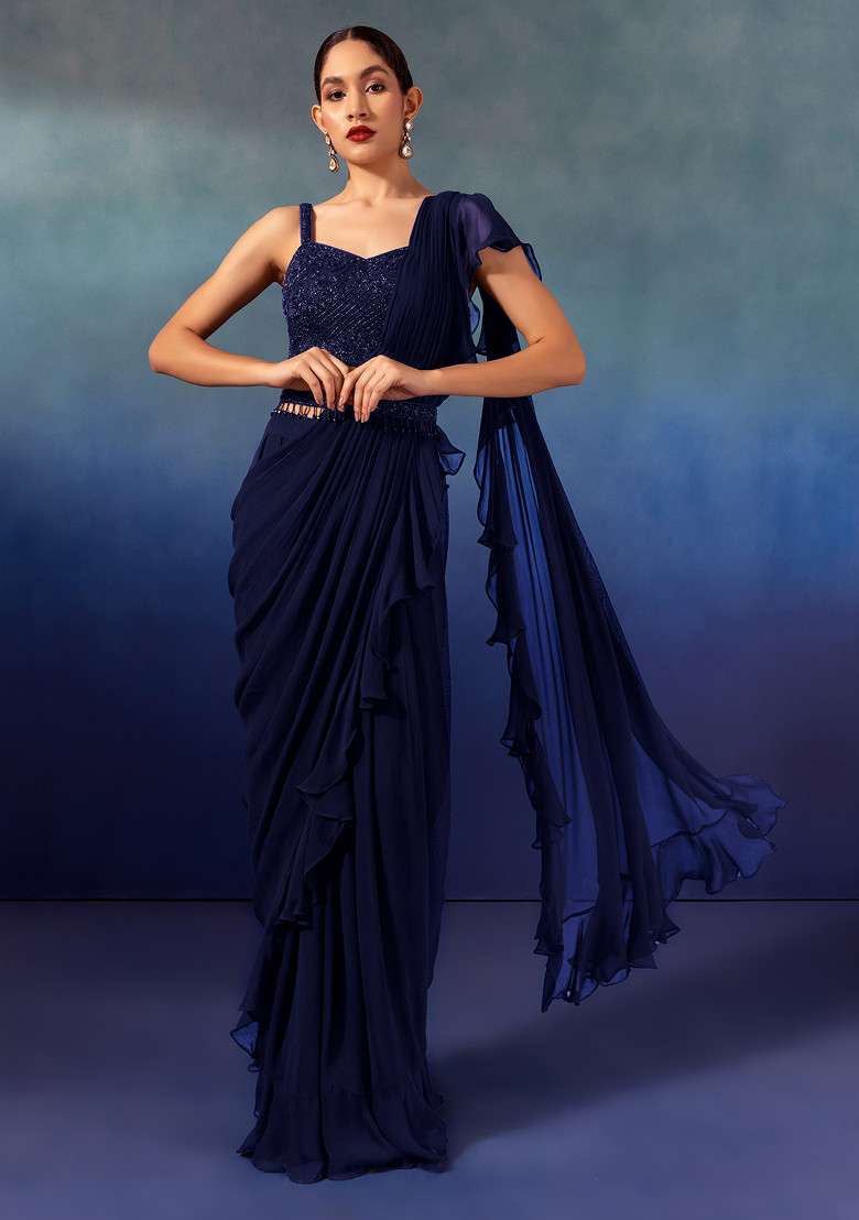 Navy Blue Chinon Pre-Stitched Saree Set With Embroidered Blouse And Belt - Indya