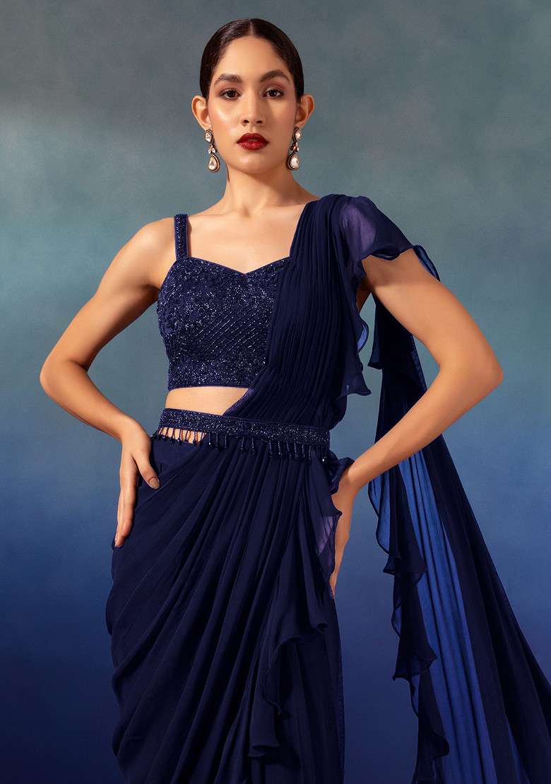 Navy Blue Chinon Pre-Stitched Saree Set With Embroidered Blouse And Belt - Indya