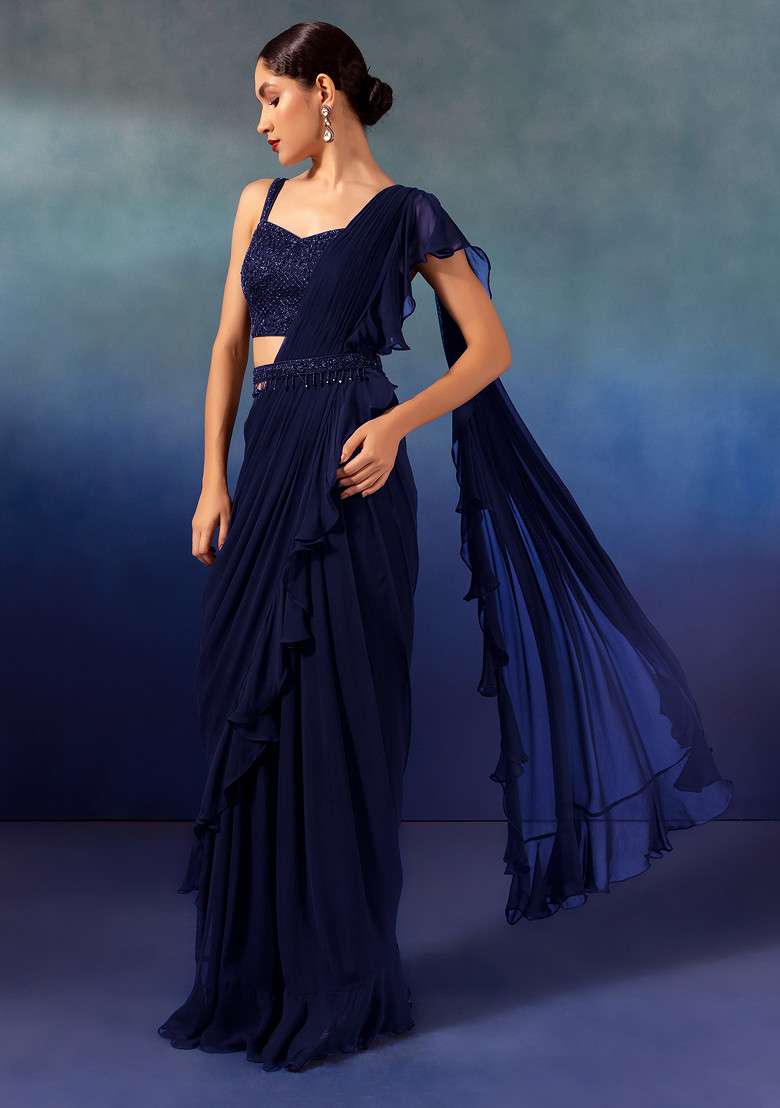 Navy Blue Chinon Pre-Stitched Saree Set With Embroidered Blouse And Belt - Indya