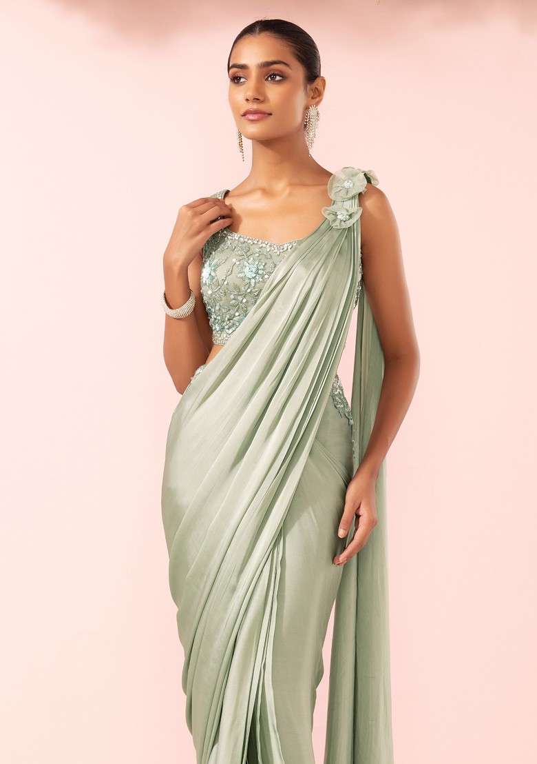 Moss Green Pre-Stitched Saree Set With Floral Sequin Embellished Blouse - Indya