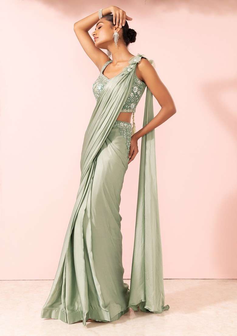 Moss Green Pre-Stitched Saree Set With Floral Sequin Embellished Blouse - Indya