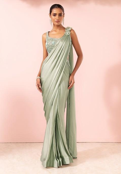 Moss Green Pre-Stitched Saree Set With Floral Sequin Embellished Blouse