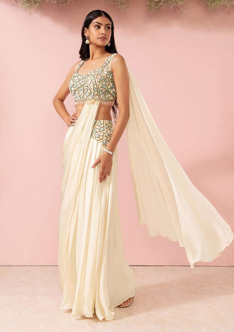 Ivory Satin Pre-Stitched Saree Set With Sequin Embellished Blouse - Indya