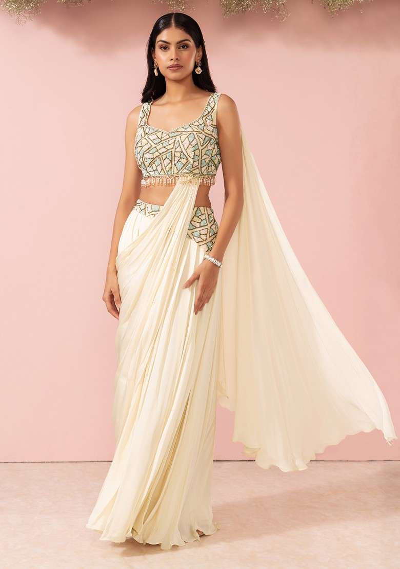 Ivory Satin Pre-Stitched Saree Set With Sequin Embellished Blouse - Indya